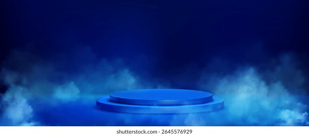 Pódio redondo azul com efeitos de fumaça - plataforma metálica circular cercada por névoa dramática, partículas de luz flutuando na atmosfera escura para apresentação assustadora, exibição de jogos, design de produtos.