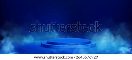 Blue round podium with smoke effects - circular metallic platform surrounded by dramatic mist, light particles floating in dark atmosphere for scary presentation, gaming display, product design.