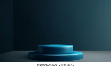 Blue round podium. Stage and 3D platform in studio room.Empty pedestal minimal concept. Advertising, presentation, product promotion.