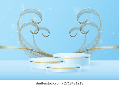 Podios redondos azules sobre fondo azul con brillos, lujosos Elementos de oro y polvo de estrellas para presentaciones, demostraciones y publicidad. Premium podio azul maqueta, Vector (EPS) ilustración