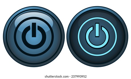 Blue Round Power Button, On and Off versions, Vector Illustration isolated on White Background. 
