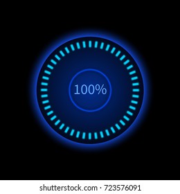 Blue round progress circle. Download sign. Load system. Vector illustration on dark background.