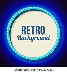 Blue round retro frame with lights. Realistic 3D frame with lights and white background for your text messages, promotions or advertising. Blue neon light falls on the black wall. Vector illustration
