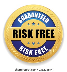 Blue round risk free badge with gold border on white background