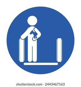 Blue round safety sign of man carry  pet on escalator, for indoor public place safety label
