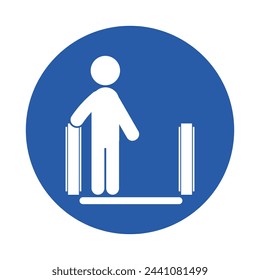 Blue round safety sign of stick figure use hand rail for indoor escalator, moving stairs safety sign
