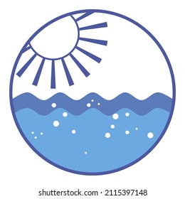 Blue round seal with sun over water and sea waves. Marine style is one of most versatile. Perfect for decorating living rooms, bedrooms, offices and nurseries. Sea decor for relax and comfortable.