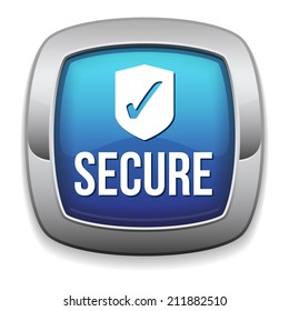 Blue round secure button with metallic border on white background