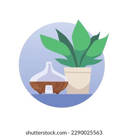 Forma redondeada azul con humidificador y estilo plano de planta, ilustración vectorial aislada en fondo blanco. Elemento de diseño decorativo, humidificación del aire, salud