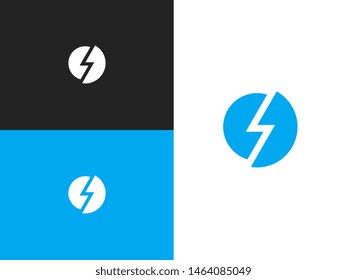 Blue round shape icon of stylization lightning, power, strength. Electricity energy power symbol. Flat web button. Simple vector element illustration in a modern style for your design.