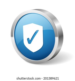 Blue round shield button with metallic border on white background