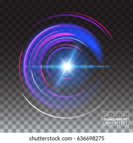 Blue round shining circle frame. Beautiful abstract luxury light ring. Glowing effect Nightclub. Cover Print Web Banner. Glow design to party. Vector Illustration isolated transparent Background.
