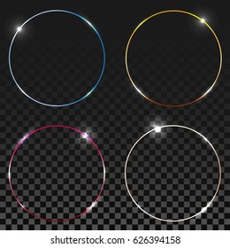 Blue round shining circles, rings set. Glow light effect collection on transparent background. Vector