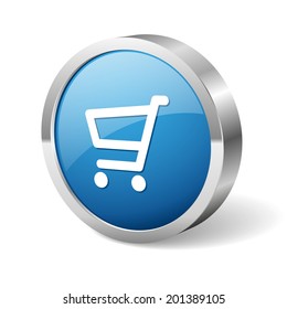 Blue round shop button with metallic border on white background