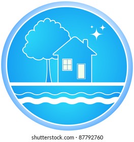 blue round sign of clean environment with house and tree