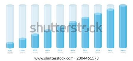 Blue round slim chart bars, simple clear 10%-100% infograph layout. Info graphic flat design interface illustration elements for app ui ux web banner button vector isolated on white background