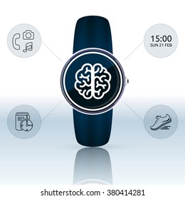 Blue round smart watch with the brain icon on the screen and icons of functions, time, jogging, planning, phone, music and photo