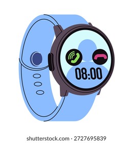 Blaue runde Smart Uhr Vektorgrafik ankommende Anruf Bildschirm mit Akzeptieren und Ablehnen Tasten digitale Zeitanzeige moderne tragbare Technologie Gerät flachen Design Stil Gadget