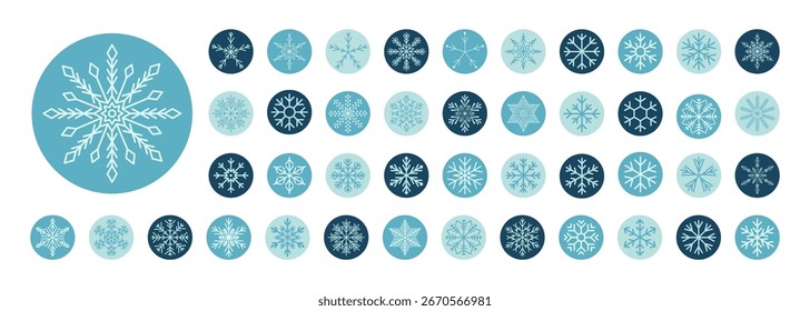 Conjunto de adesivo de floco de neve redondo azul mostra ornamento de linha e elemento de etiqueta de inverno em uma decoração fria. Adesivo de floco de neve de círculo para caixa ou rótulo xmas, perfeito para embalagem de inverno e sazonal