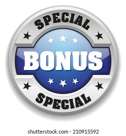 Blue round special bonus button with metallic border
