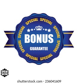 Blue round special bonus label, sticker, sign and symbol glossy with stars and crown on white background, vector illustration.