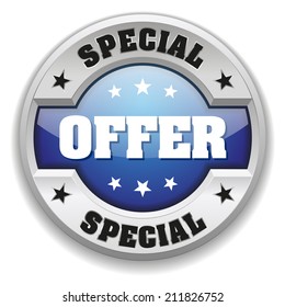 Blue round special offer badge on white background
