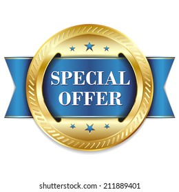 Blue round special offer badge with ribbon on white background