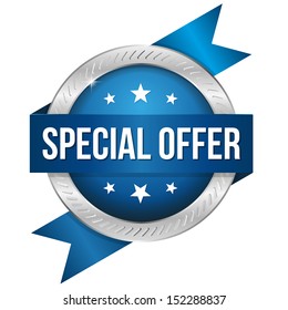 Blue round special offer button with ribbon