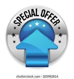 Blue round special offer button with arrow on white background