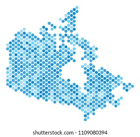 Blue round spot Canada map. Vector geographic map in blue color tints on a white background. Vector concept of Canada map made of spheric blot matrix.