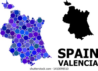 Blue round spot mosaic and solid map of Valencia Province. Vector geographic map of Valencia Province in blue color shades. Abstract mosaic is done from randomized round pixels.