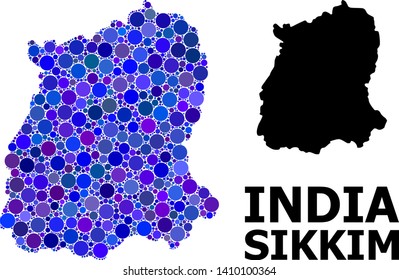 Blue round spot mosaic and solid map of Sikkim State. Vector geographic map of Sikkim State in blue color tinges. Abstract mosaic is organized with randomized round dots.