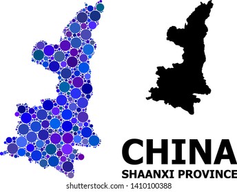 Blue round spot mosaic and solid map of Shaanxi Province. Vector geographic map of Shaanxi Province in blue color shades. Abstract mosaic is composed from scattered circle dots.