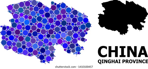 Blue round spot mosaic and solid map of Qinghai Province. Vector geographic map of Qinghai Province in blue color shades. Abstract composition is constructed from scattered round elements.