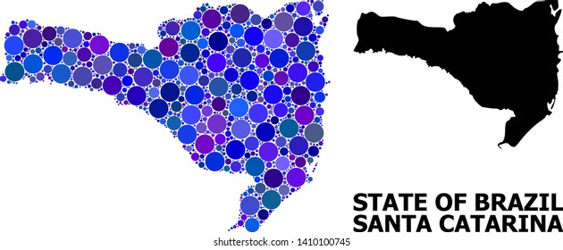 Blue round spot mosaic and solid map of Santa Catarina State. Vector geographic map of Santa Catarina State in blue color tinges. Abstract mosaic is designed from random round pixels.