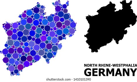 Blue round spot mosaic and solid map of North Rhine-Westphalia State. Vector geographic map of North Rhine-Westphalia State in blue color hues. Abstract mosaic is composed with random circle dots.