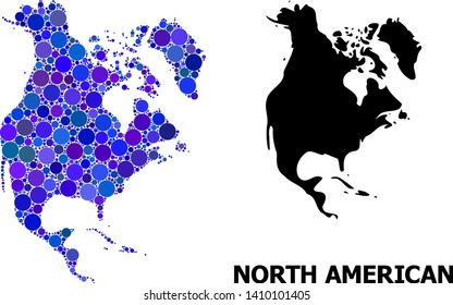 Blue round spot mosaic and solid map of North America. Vector geographic map of North America in blue color tints. Abstract composition is organized from random round spots.