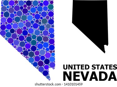 Blue round spot mosaic and solid map of Nevada State. Vector geographic map of Nevada State in blue color tints. Abstract mosaic is combined from randomized round spots.