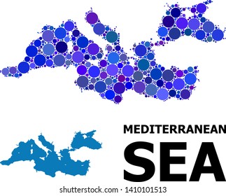 Blue round spot mosaic and solid map of Mediterranean Sea. Vector geographic map of Mediterranean Sea in blue color variations. Abstract mosaic is composed with random circle dots.
