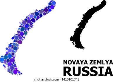 Blue round spot mosaic and solid map of Novaya Zemlya Islands. Vector geographic map of Novaya Zemlya Islands in blue color tints. Abstract mosaic is combined with randomized sphere points.