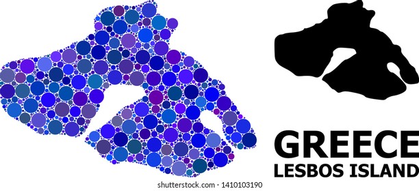 Blue round spot mosaic and solid map of Lesbos Island. Vector geographic map of Lesbos Island in blue color shades. Abstract collage is composed with scattered round elements.