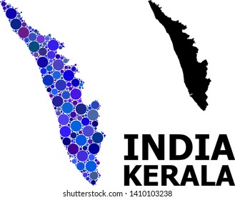 Blue round spot mosaic and solid map of Kerala State. Vector geographic map of Kerala State in blue color hues. Abstract composition is organized with randomized round dots.