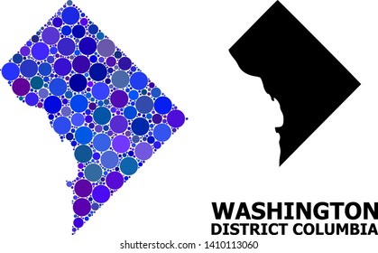 Blue round spot mosaic and solid map of District Columbia. Vector geographic map of District Columbia in blue color tones. Abstract mosaic is organized with scattered sphere dots.