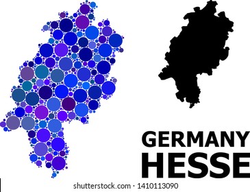 Blue round spot mosaic and solid map of Hesse State. Vector geographic map of Hesse State in blue color shades. Abstract collage is designed from randomized round items.