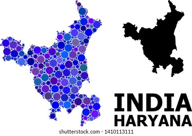 Blue round spot mosaic and solid map of Haryana State. Vector geographic map of Haryana State in blue color variations. Abstract mosaic is created with randomized round elements.