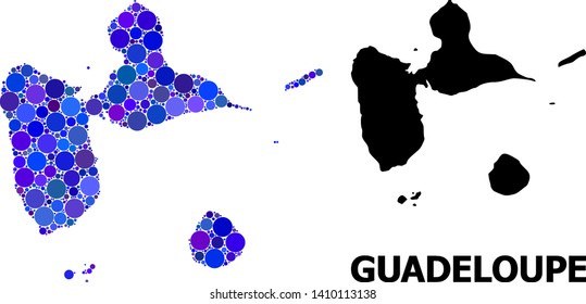 Blue round spot mosaic and solid map of Guadeloupe. Vector geographic map of Guadeloupe in blue color tints. Abstract mosaic is designed from scattered round items.