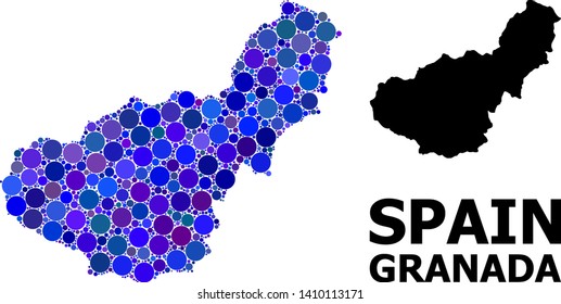 Blue round spot mosaic and solid map of Granada Province. Vector geographic map of Granada Province in blue color tinges. Abstract collage is designed from random round dots.