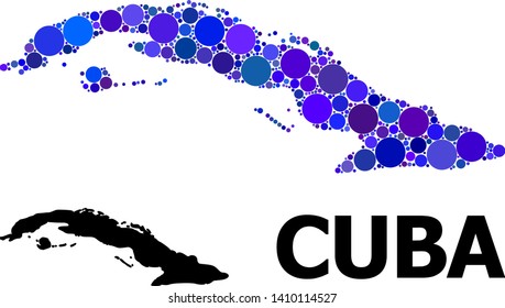Blue round spot mosaic and solid map of Cuba. Vector geographic map of Cuba in blue color hues. Abstract mosaic is composed with scattered spheric elements.