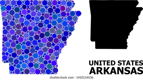 Blue round spot mosaic and solid map of Arkansas State. Vector geographic map of Arkansas State in blue color variations. Abstract mosaic is combined from random round elements.