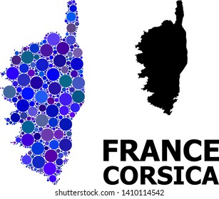 Blue round spot mosaic and solid map of Corsica. Vector geographic map of Corsica in blue color tints. Abstract mosaic is created from random round dots.